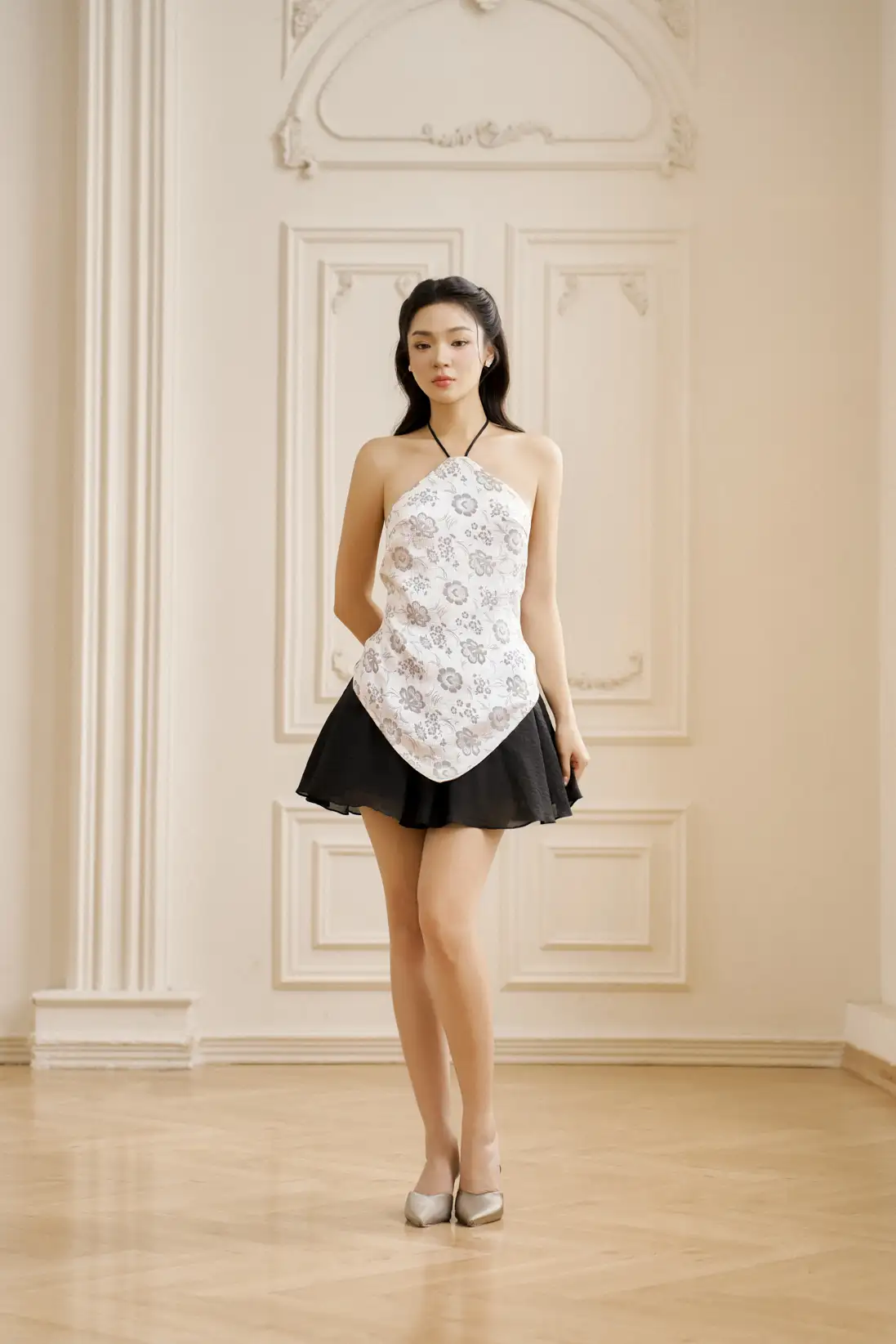 Aeris Vale – Floral Lace Halter Pointed Hem Top & Sheer Lace Mini Skirt Set