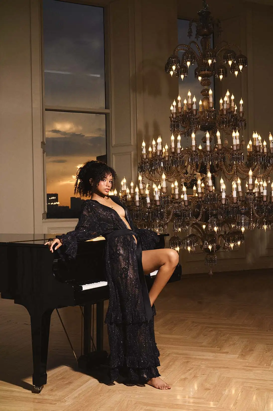 Ardelle – Glitter Lace Tiered Ruffle Satin Belted Robe