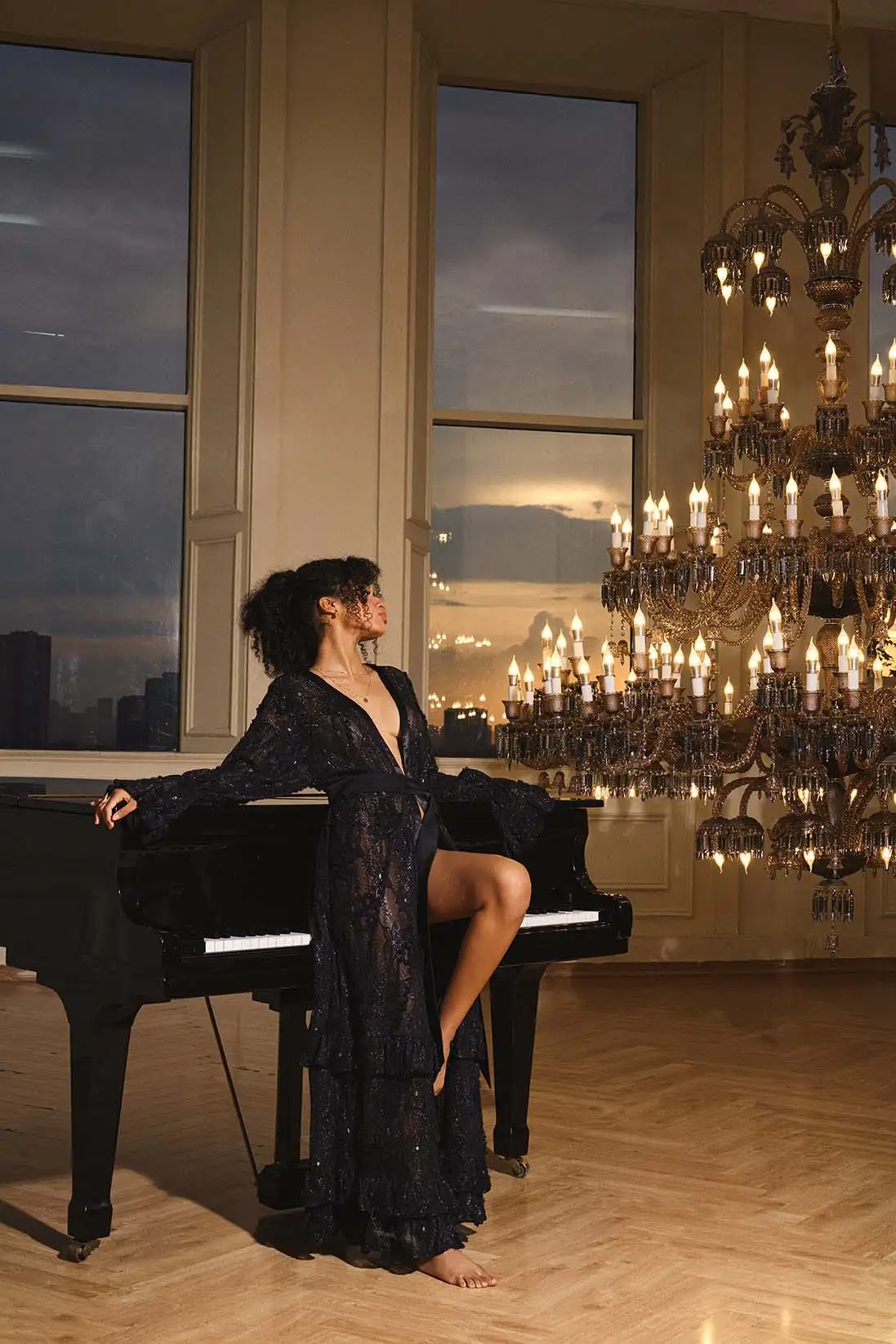 Ardelle – Glitter Lace Tiered Ruffle Satin Belted Robe