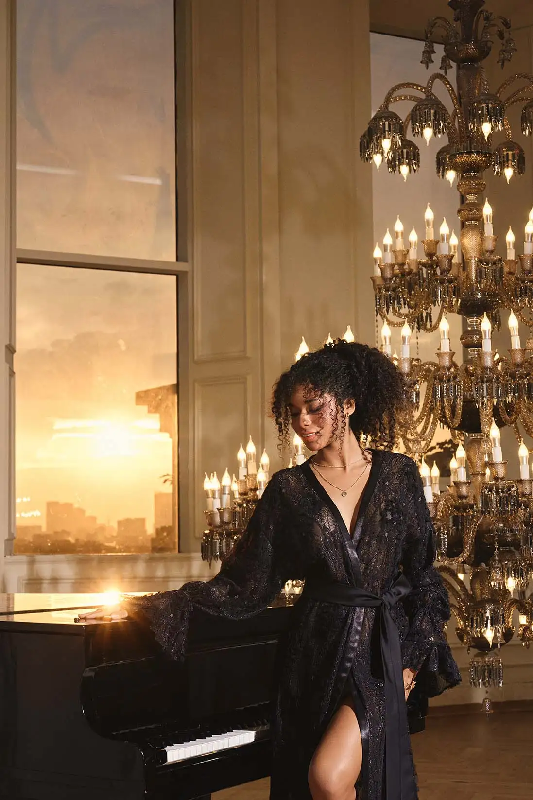 Ardelle – Glitter Lace Tiered Ruffle Satin Belted Robe