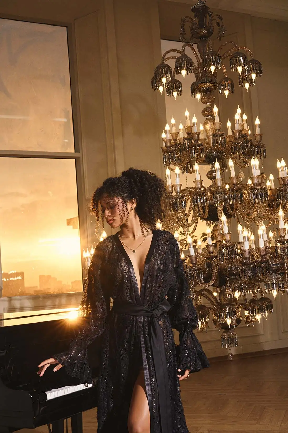 Ardelle – Glitter Lace Tiered Ruffle Satin Belted Robe