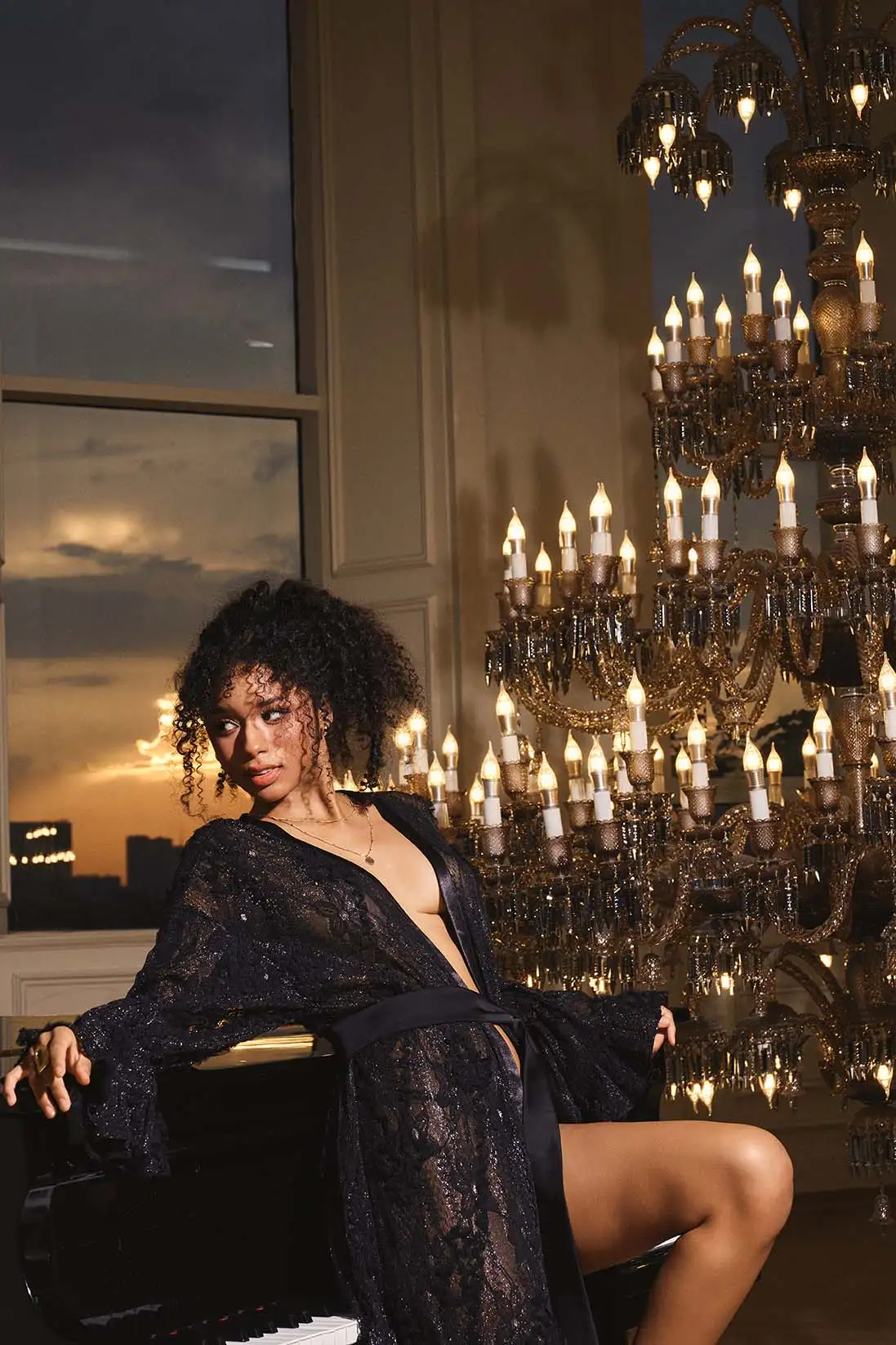 Ardelle – Glitter Lace Tiered Ruffle Satin Belted Robe