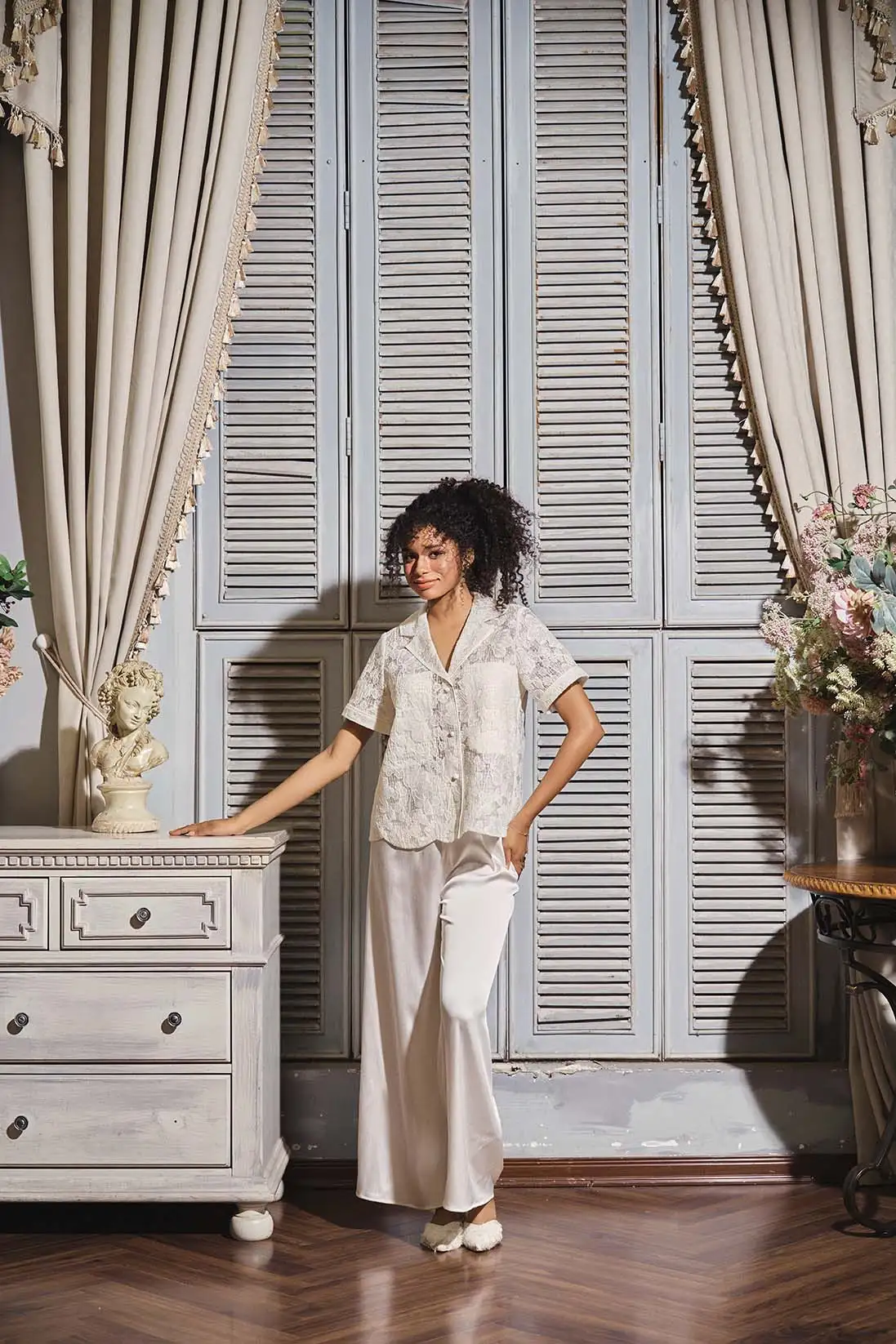 Mira Poem – Lace Vest Top & Pearl Satin Pants Set