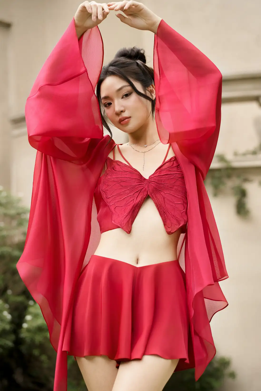 Sora Rouge Wing - 3D Butterfly Bra & Flowy Skirted Shorts & Sheer Wrap Robe Set