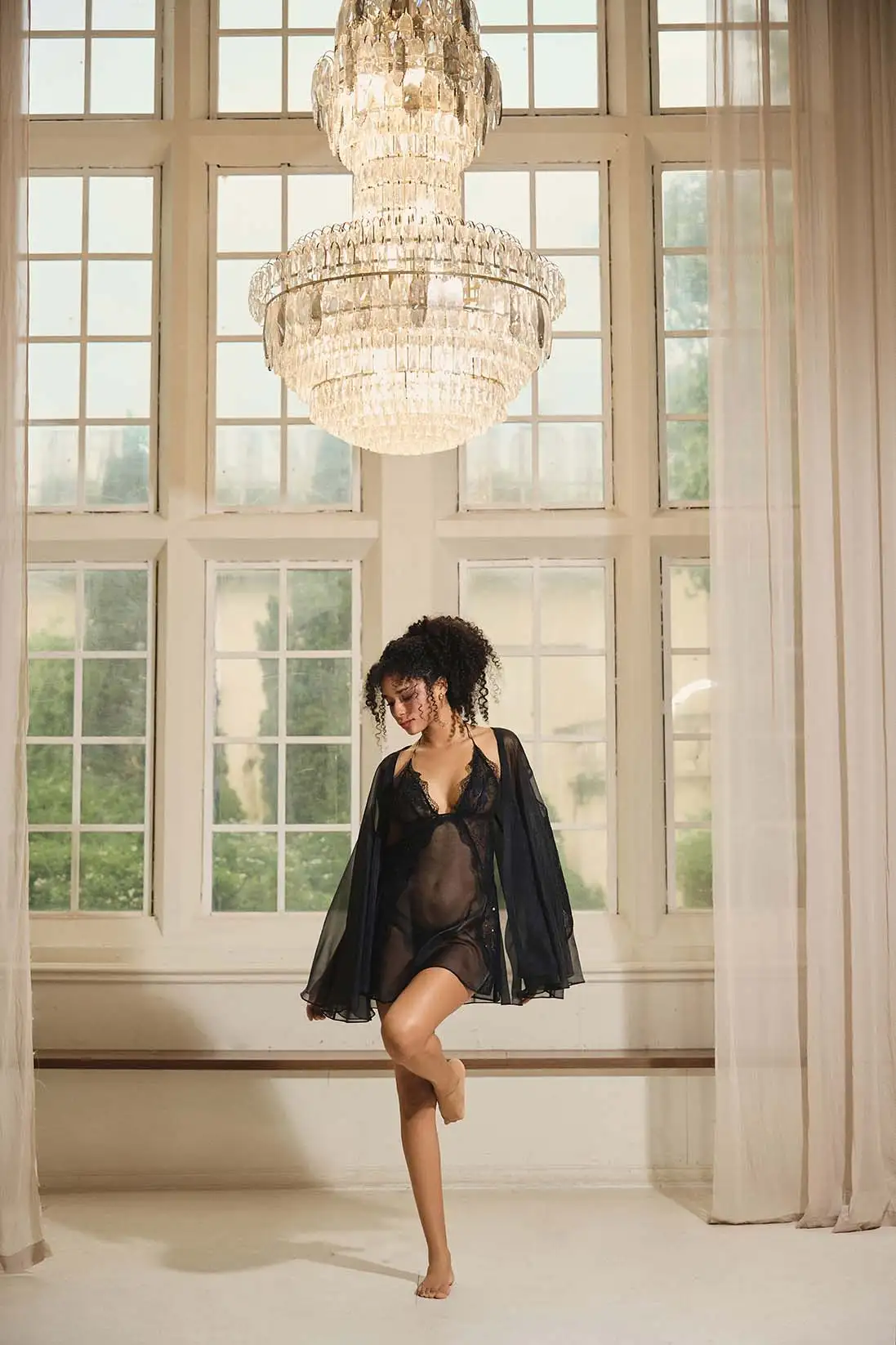 Zerina Nyx Veil - Embroidered Floral Mesh Mini Dress & GString & Flowing Sheer Robe Set