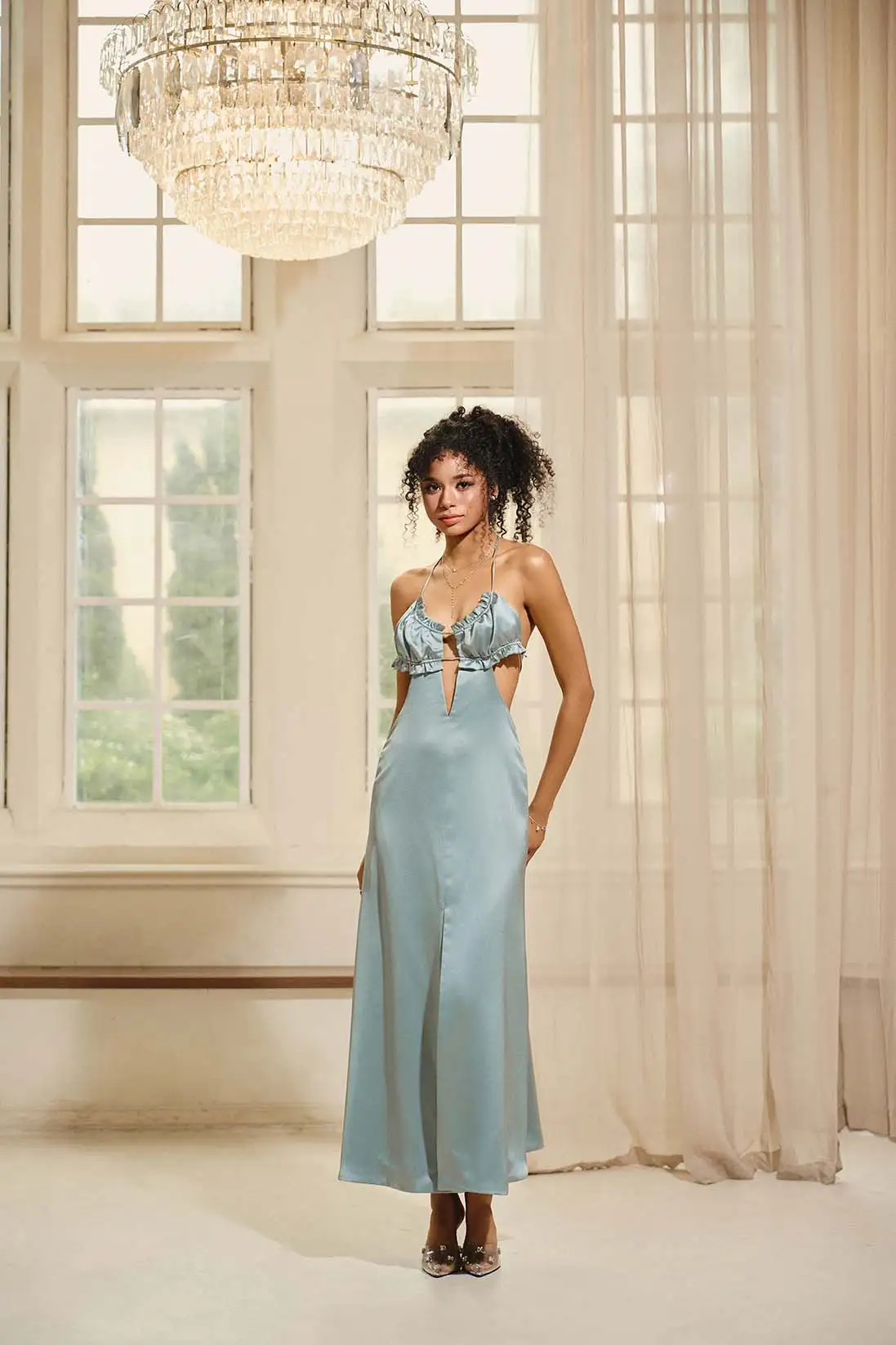 Vela – Ruffle Bust Cutout Satin Maxi Dress