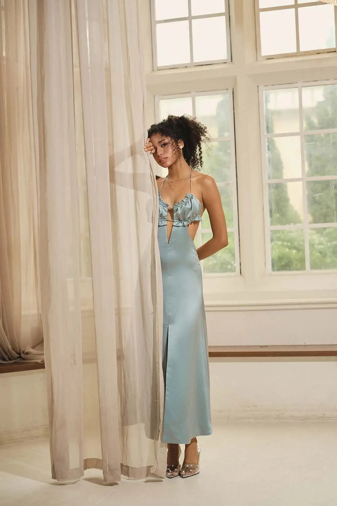 Vela – Ruffle Bust Cutout Satin Maxi Dress