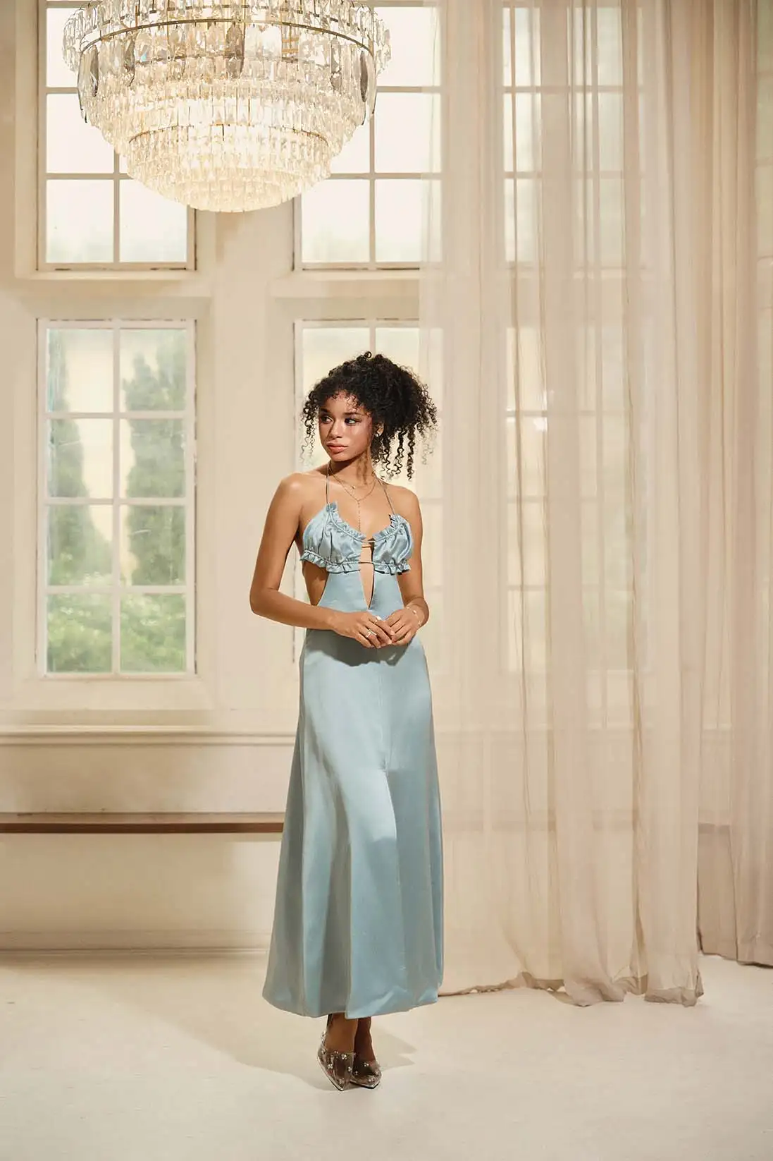 Vela – Ruffle Bust Cutout Satin Maxi Dress