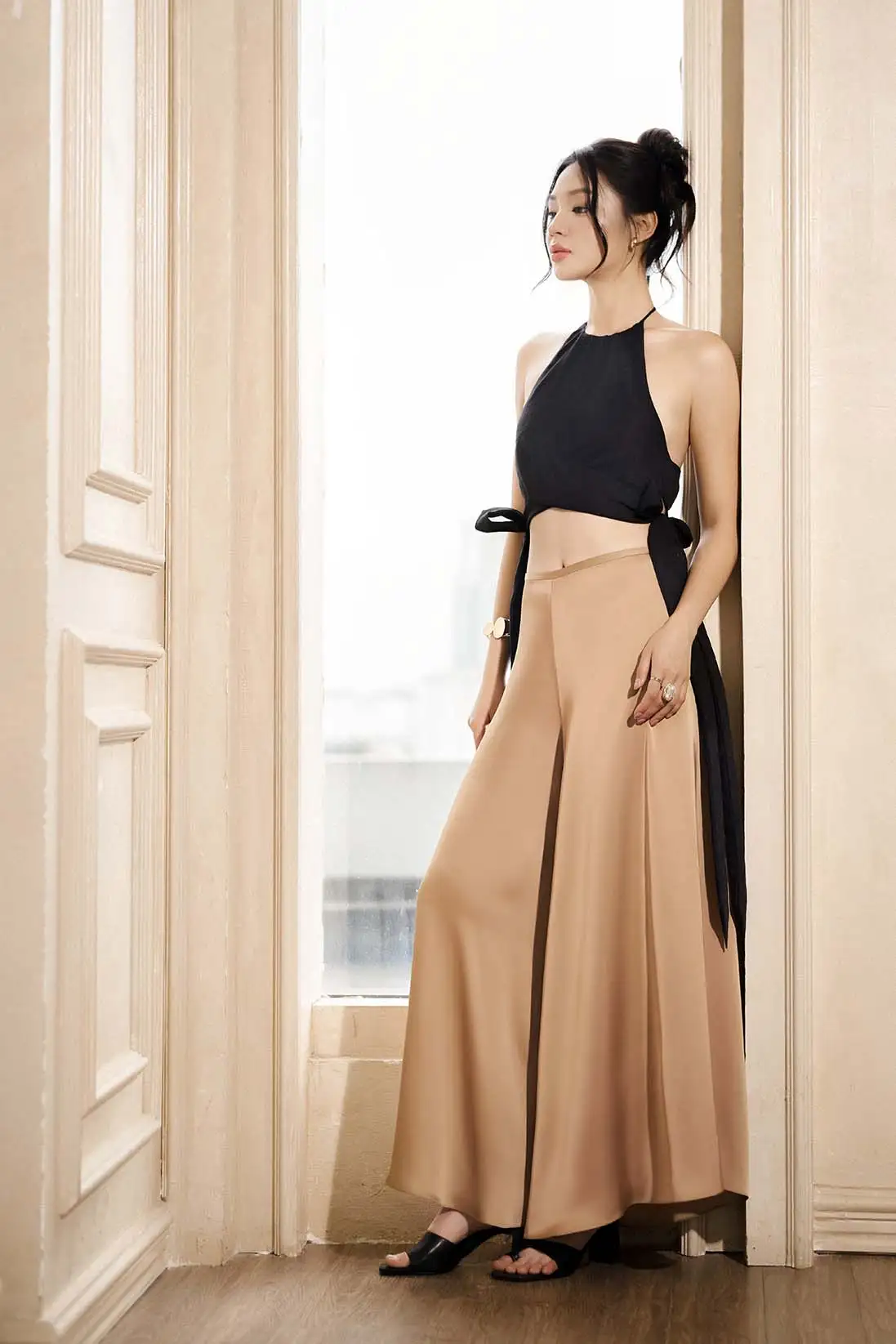 Golden Shadow – Cutout Tie-Side Top & Champagne Palazzo Pants Set