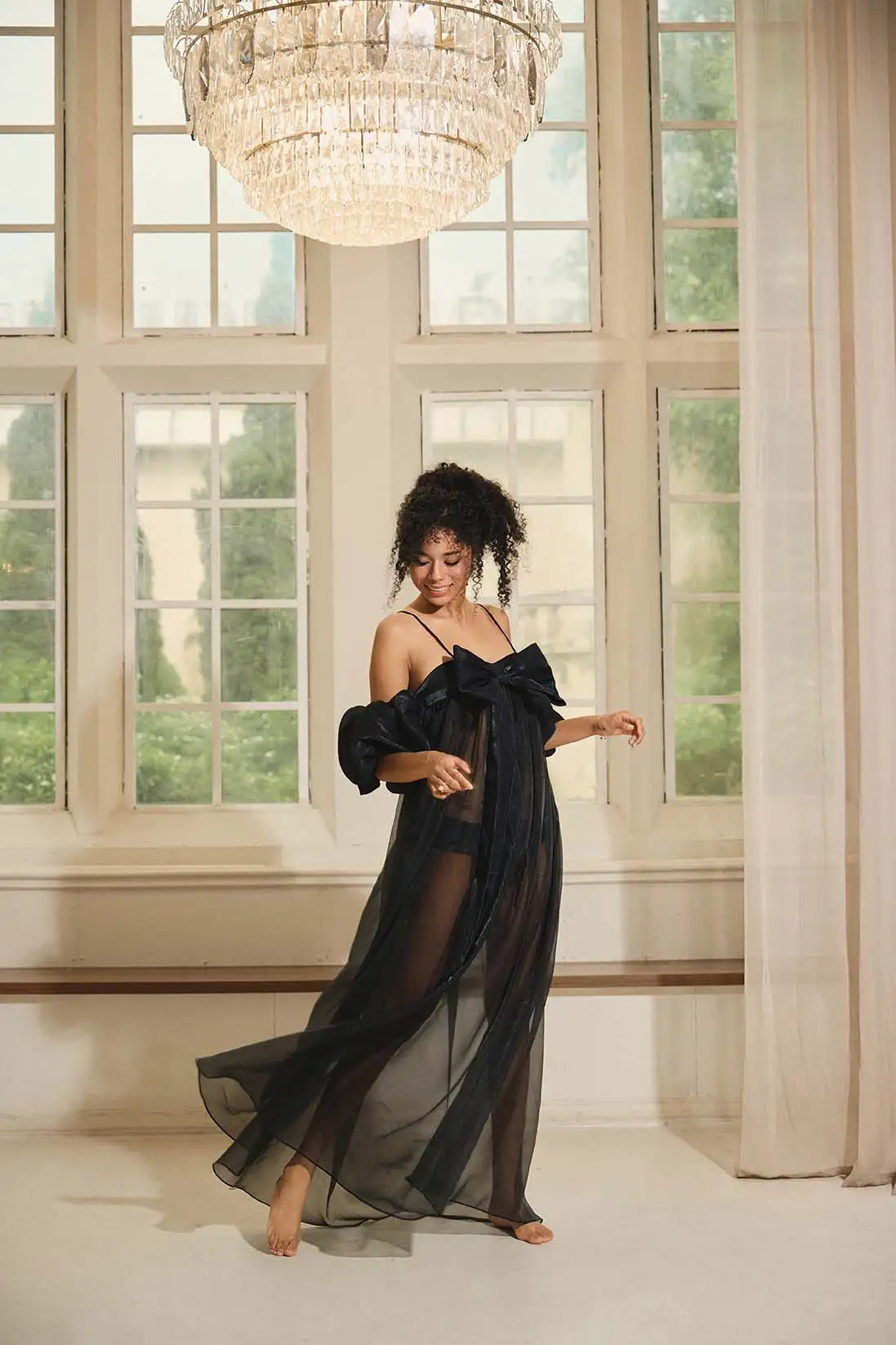 Nocturne – Sheer Bow Puff-sleeve Dress