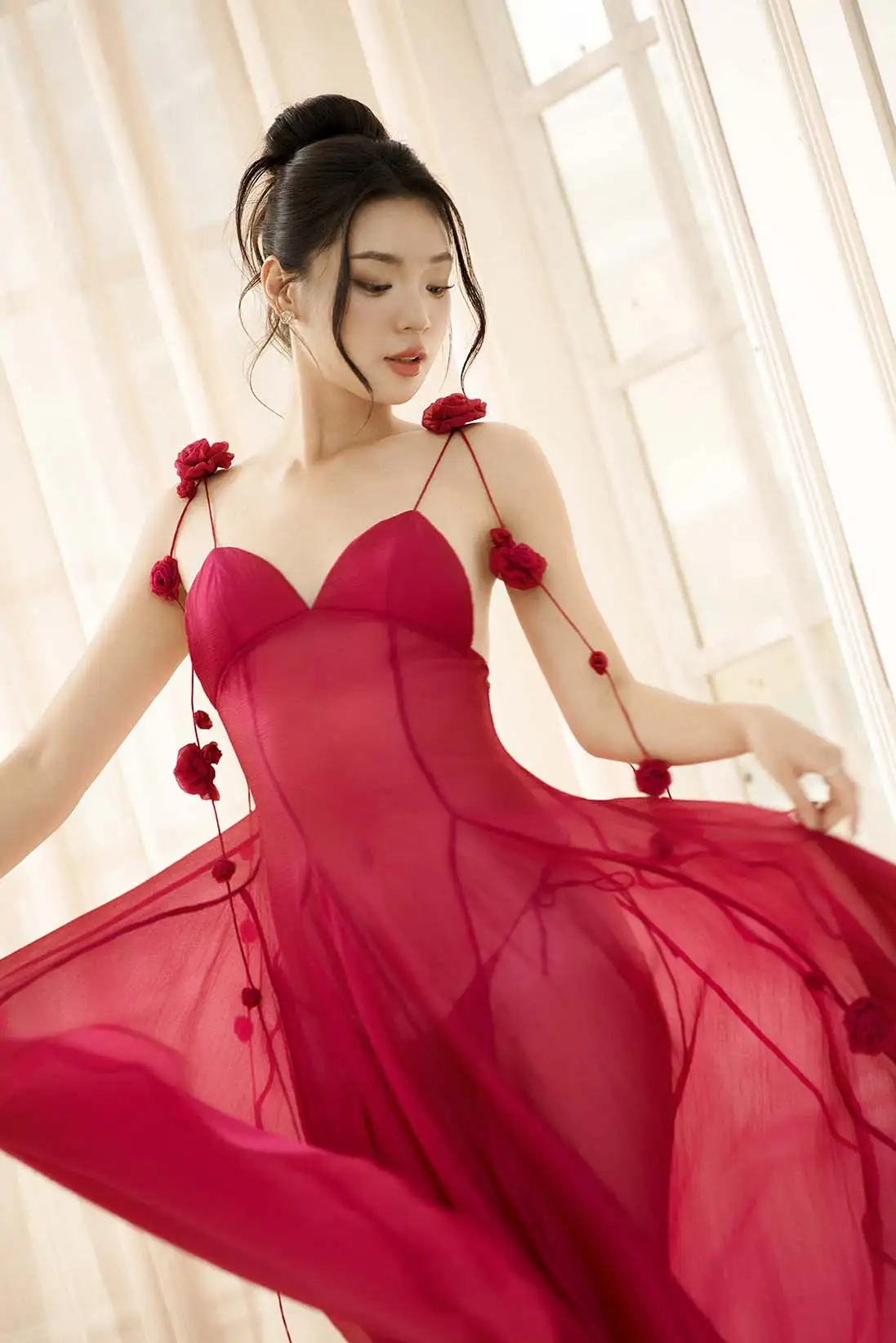 Rosara Veil – Sheer Gown & Floral Briefs Set