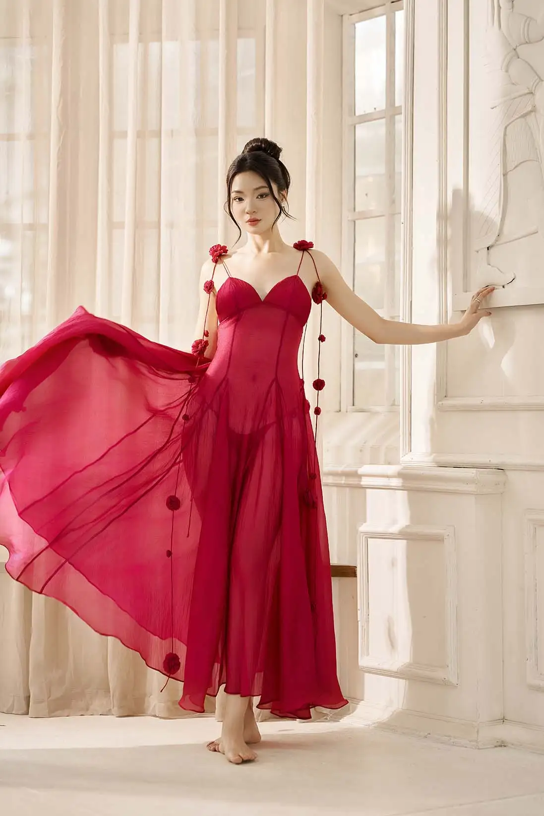 Rosara Veil – Sheer Gown & Floral Briefs Set