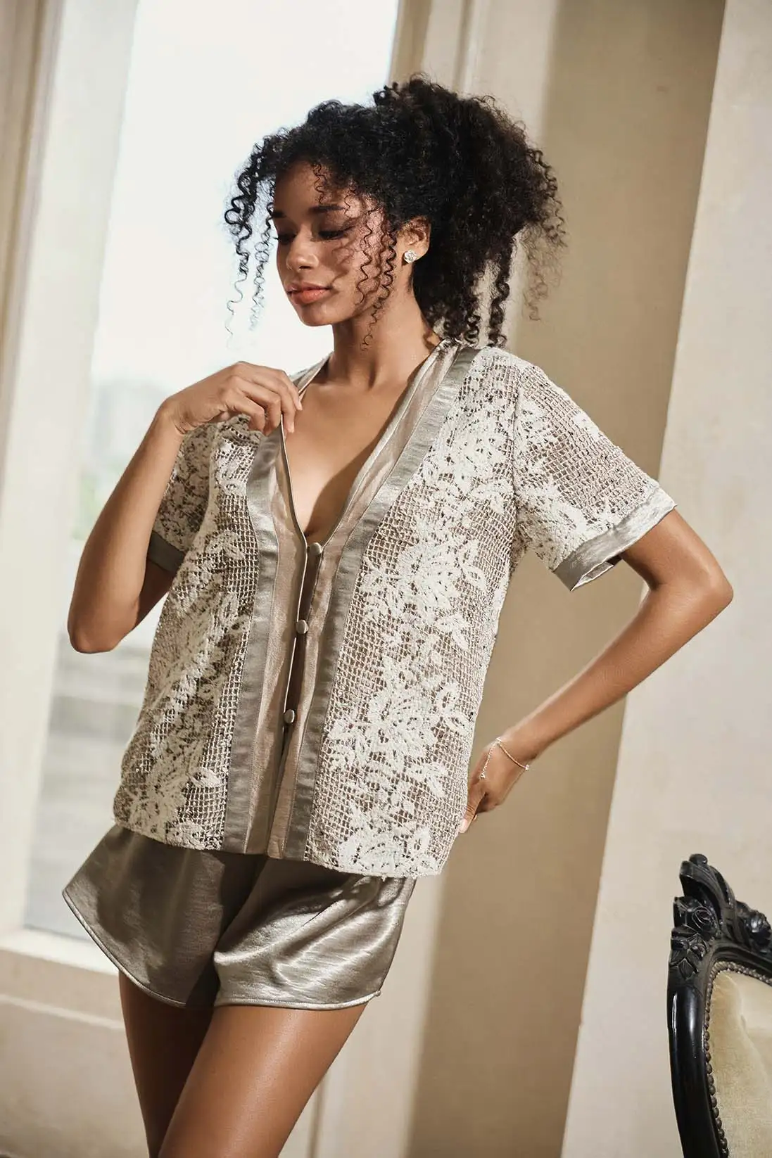 Satin Weave - V-Neck Blouse & Satin Shorts Set