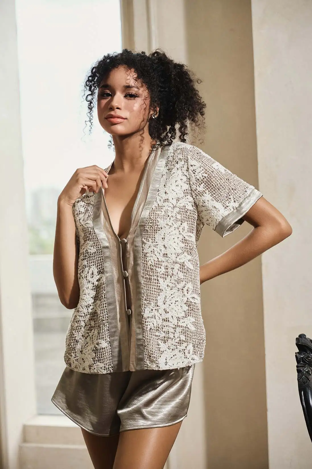 Satin Weave - V-Neck Blouse & Satin Shorts Set